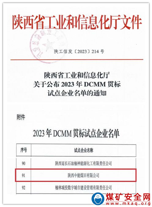 好消息！陜西中能煤田有限公司入選省級DCMM試點(diǎn)企業(yè)，陜煤集團(tuán)本期唯一